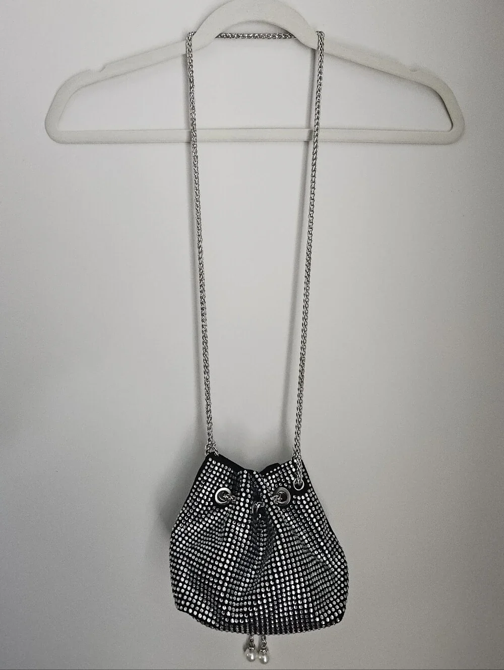 Black Rhinestone Mini Drawstring Bag With Chain - Picture 2 of 7